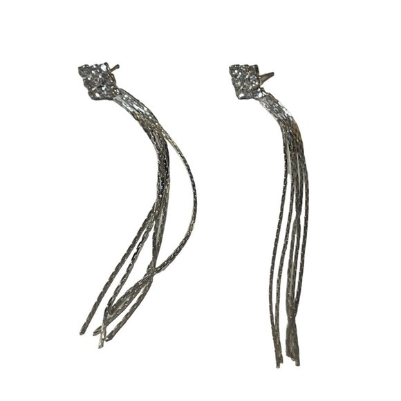 Adorable Dangle Rhinestone Earrings 3 Inch Drop Silver Color Strands Wedding - Picture 1 of 4